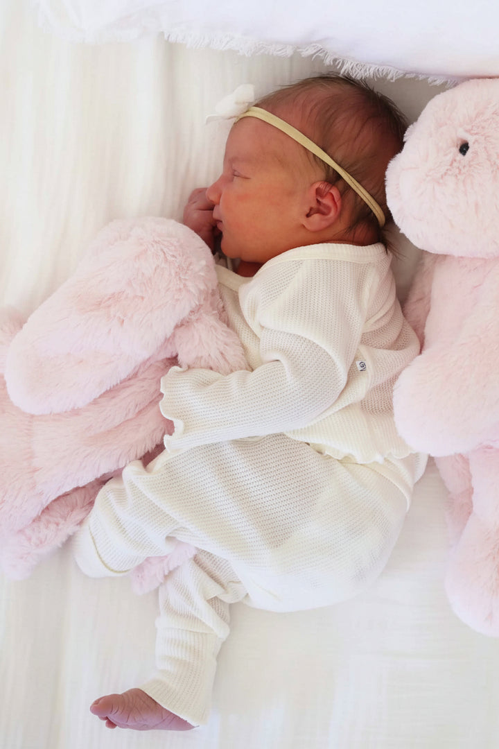 embroidered light pink bunny stuffed animal and lovey for baby girls 