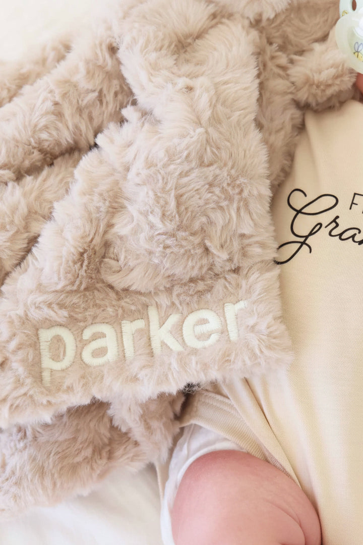 baby embroidered puppy lovey with cream thread and block font 