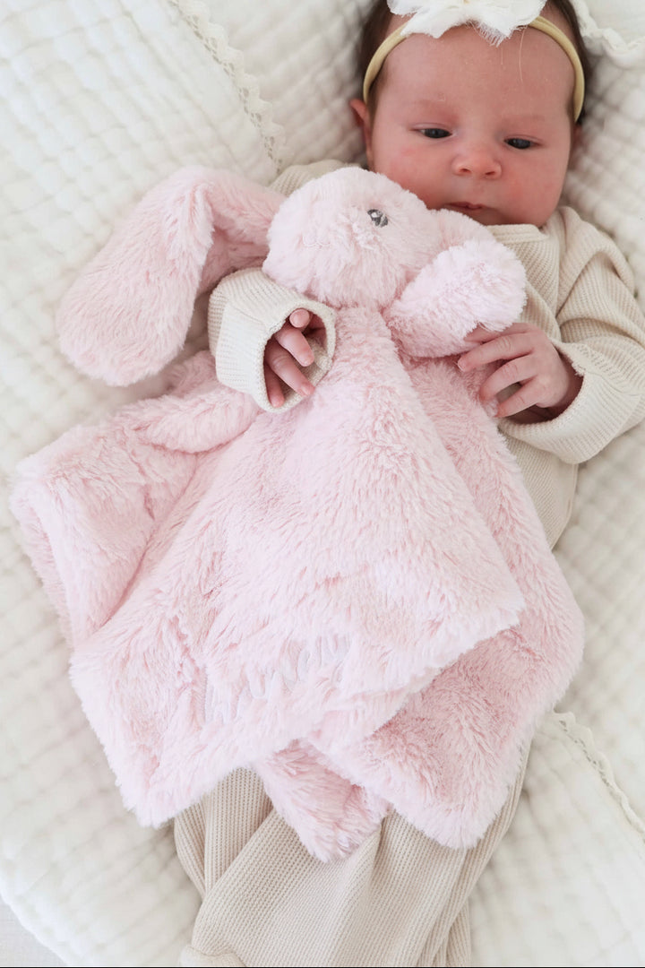 pristine pink plush bunny lovey embroidered with name in white thread 