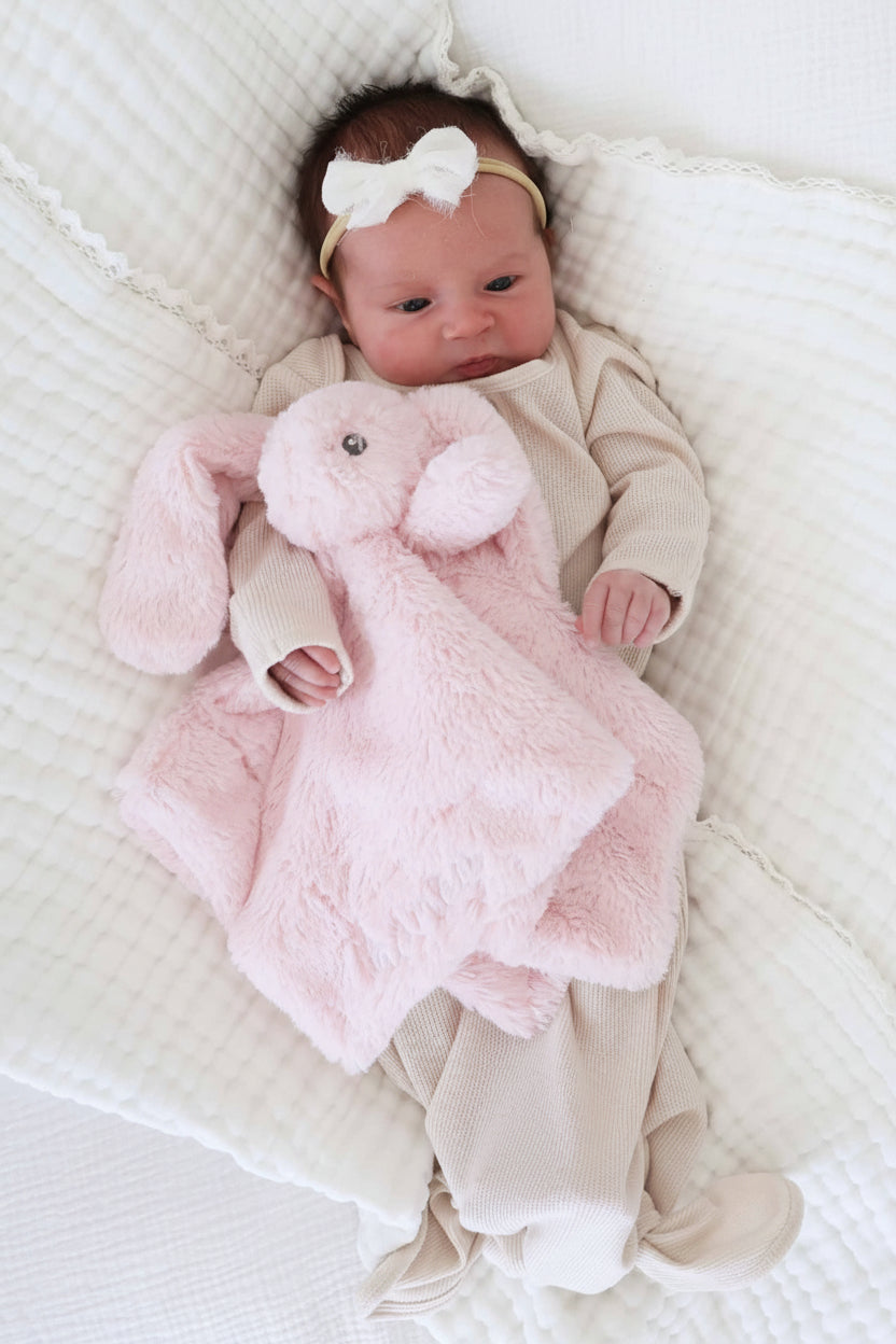 light pink embroidered bunny lovey for baby girls with name in white thread and script font 