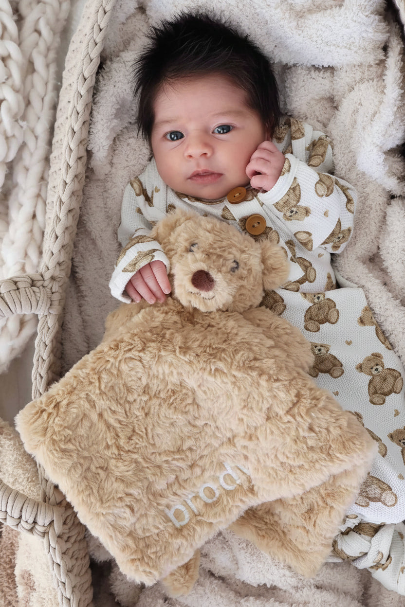 brown teddy bear embroidered lovey for babies 