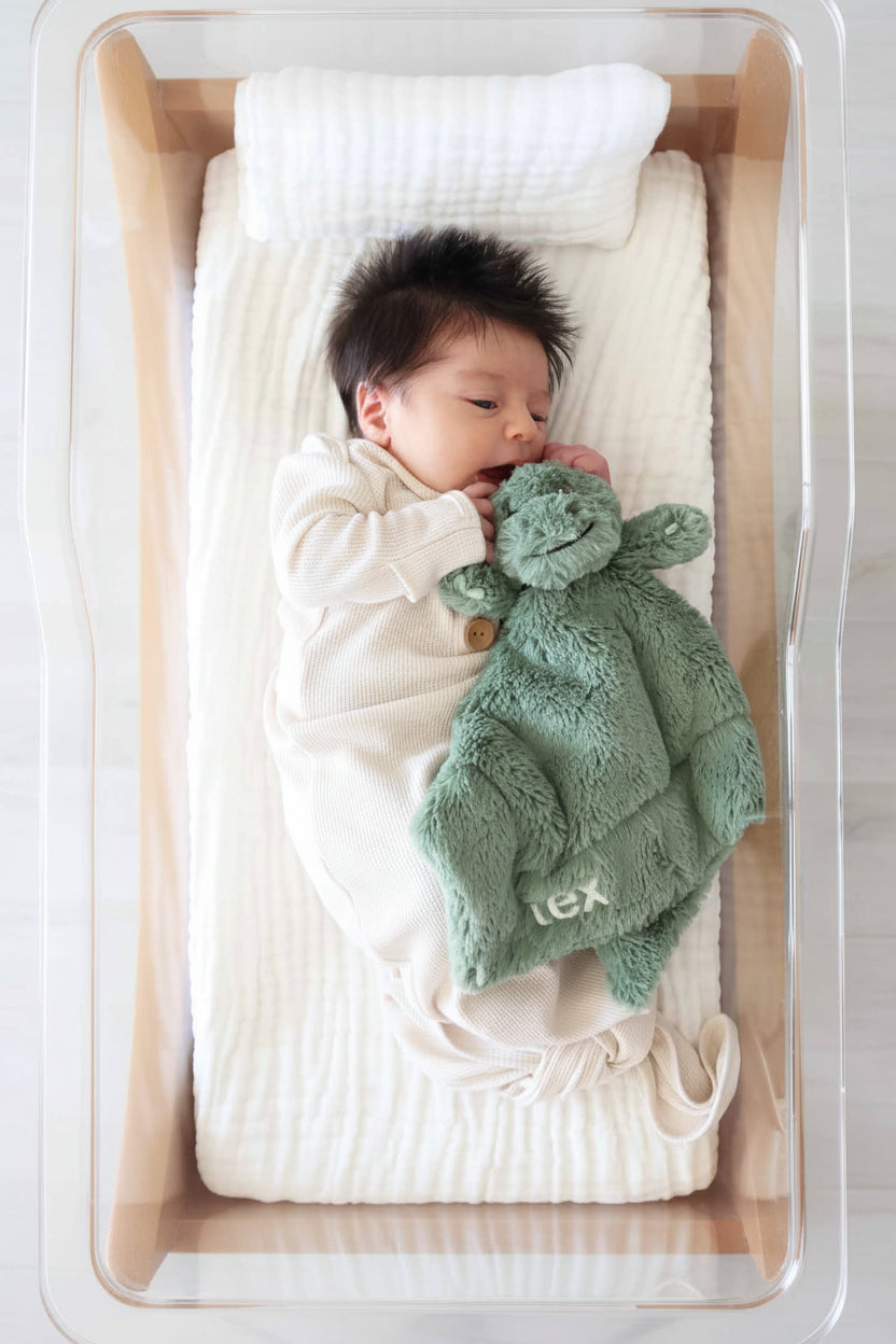 green embroidered t-rex lovey for babies 