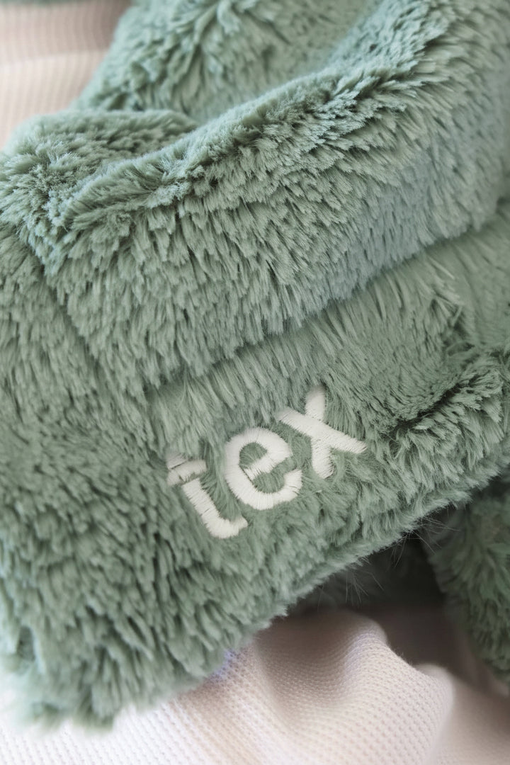 close up of green dinosaur lovey with name in white thread block font 