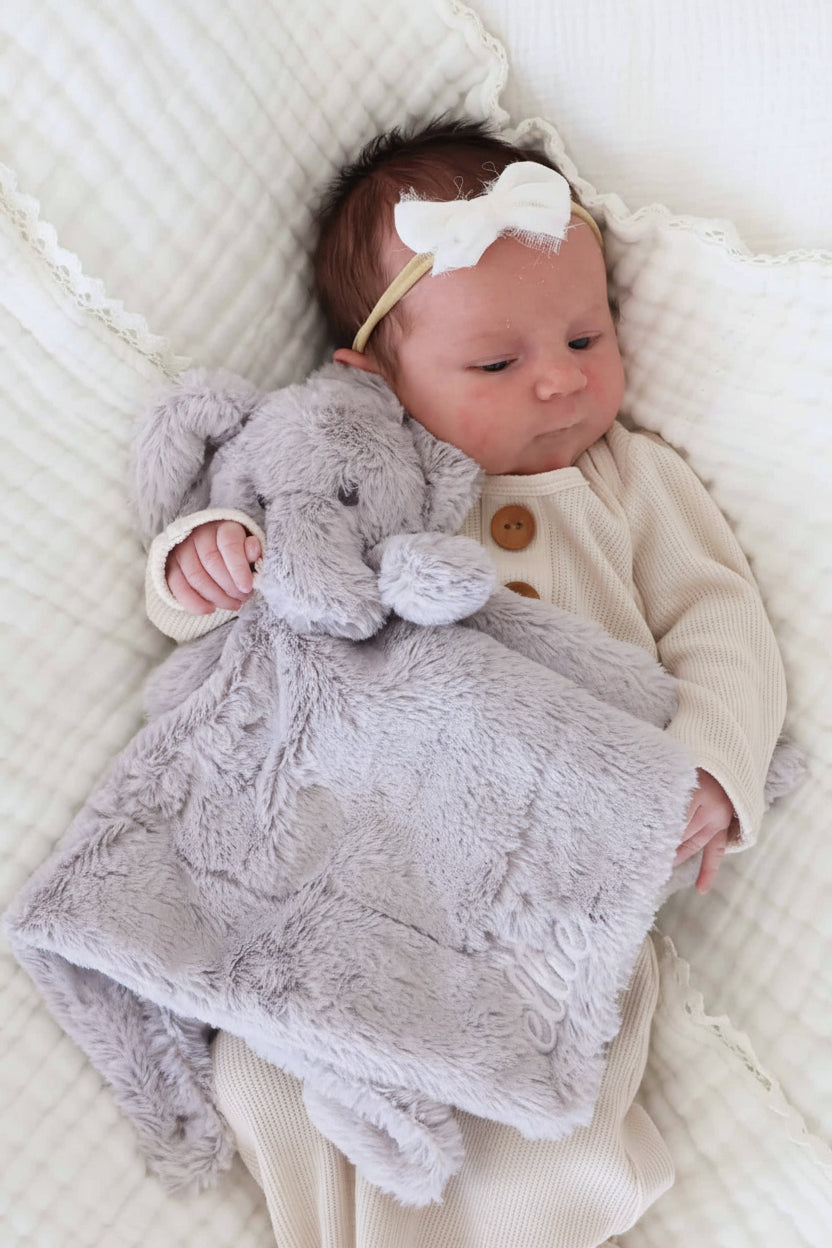 white thread script font elephant lovey for babies gender neutral
