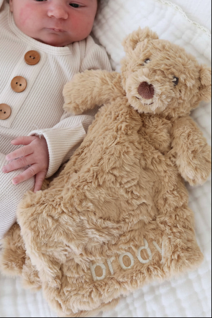 teddy bear embroidered name lovey for babies with white thread in block font 