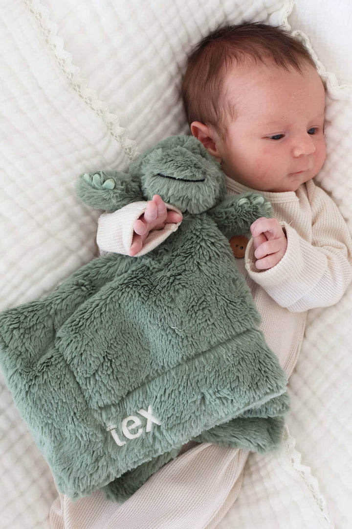 embroidered dinosaur baby lovey green