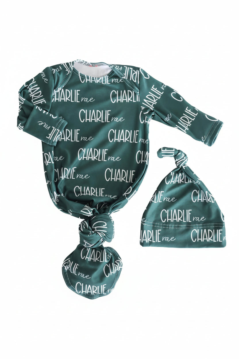 emerald personalized font duo knot gown
