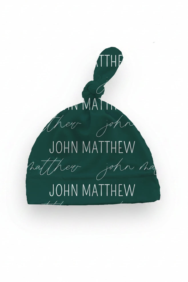 emerald knotted hat block and script 