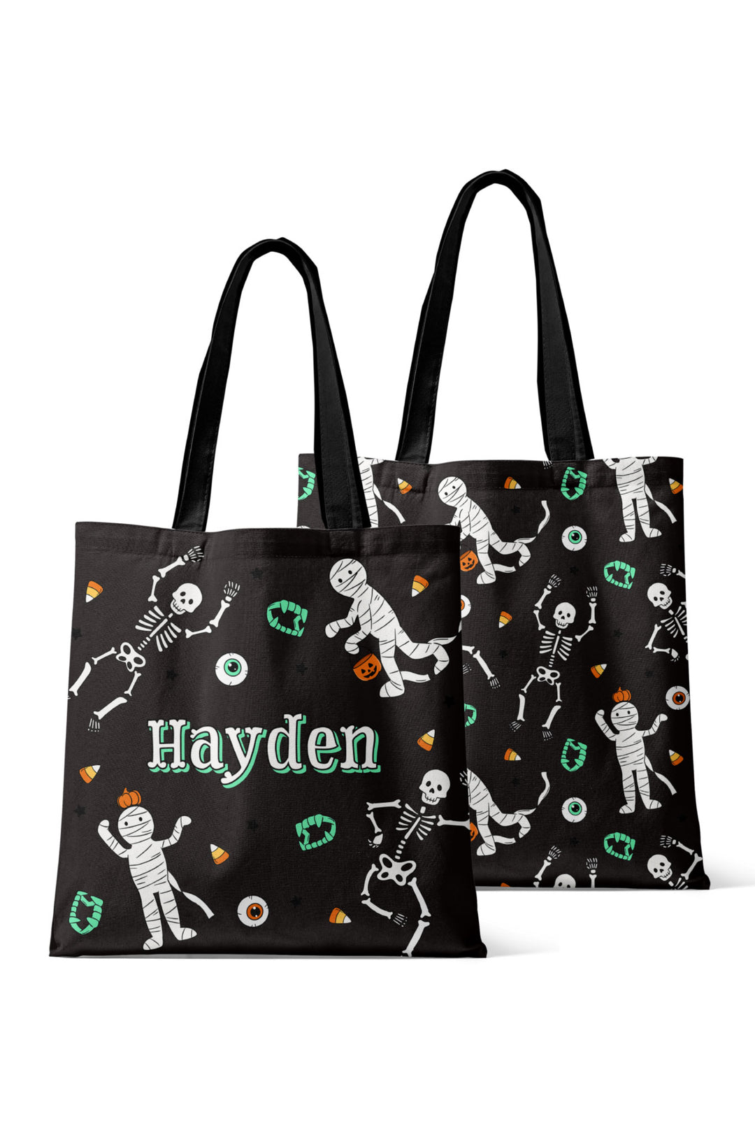 Black tote bag with Halloween-themed design and 'Hayden' text on a white background