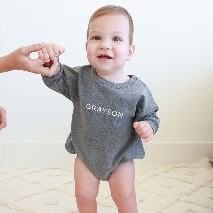 grey personalized sweatshirt bubble romper 