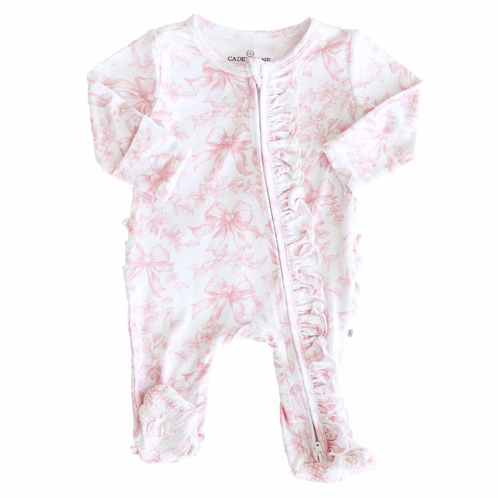 pink and white bow and floral ruffle zipper footie for baby girls 