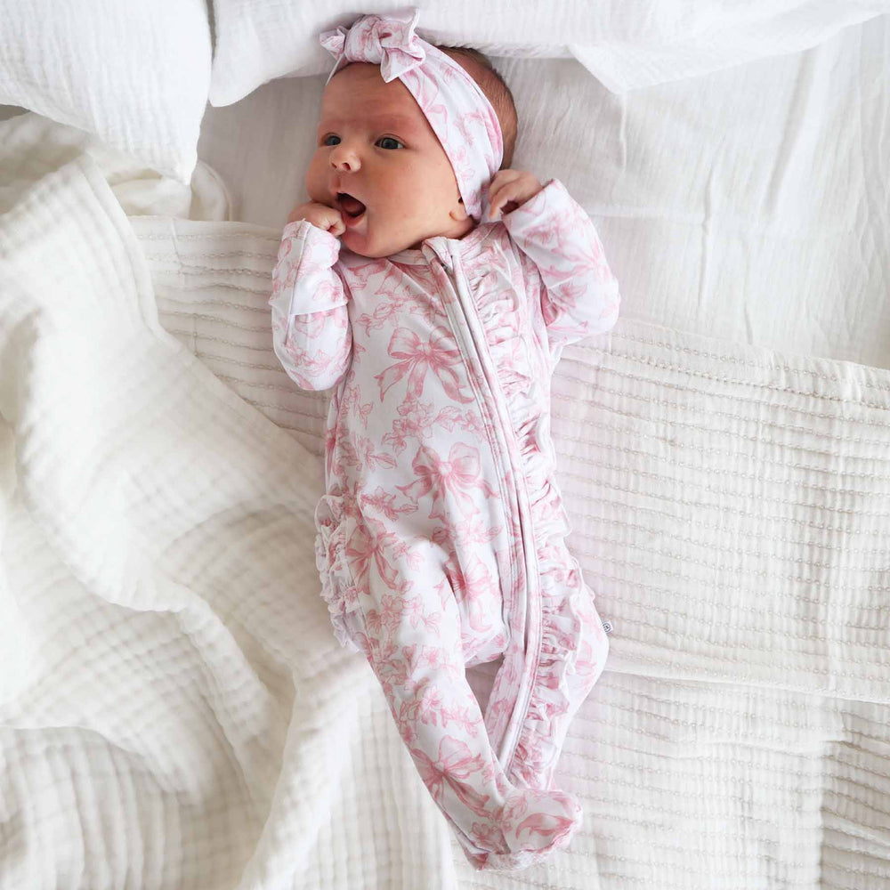 pink and white bow and floral knit bow headwrap for baby girls