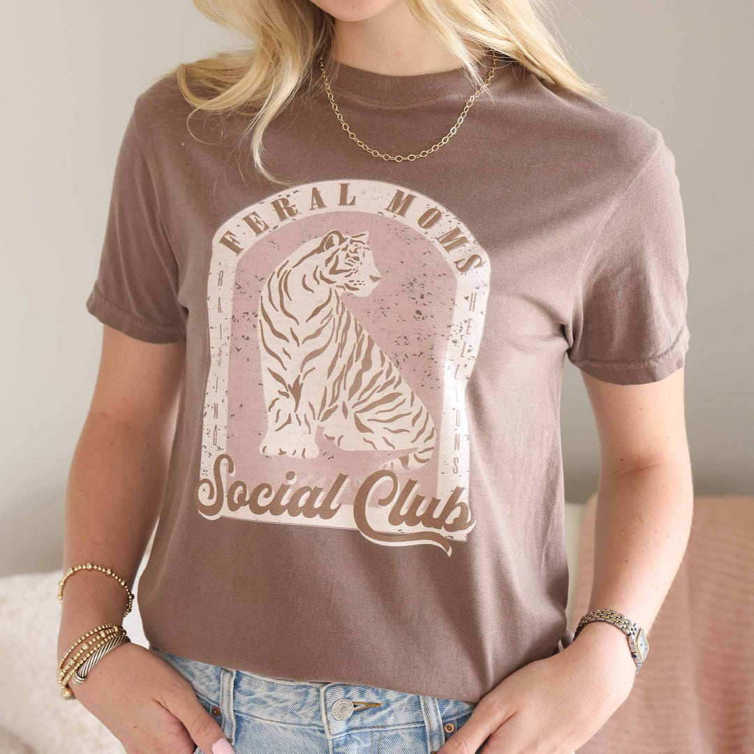 tiger feral moms social club neutral graphic tee for women