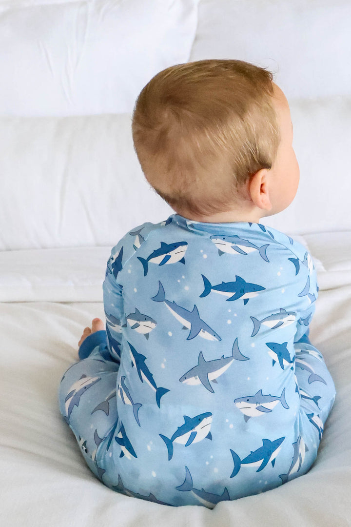 back view of fin friends zip romper 