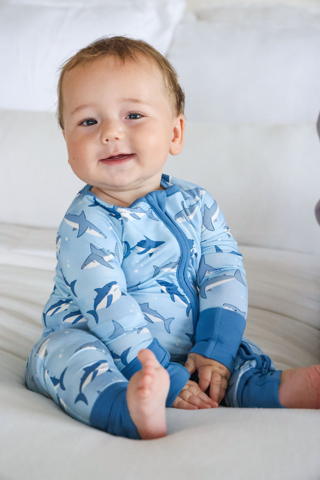 great white shark bamboo convertible zip romper for boys