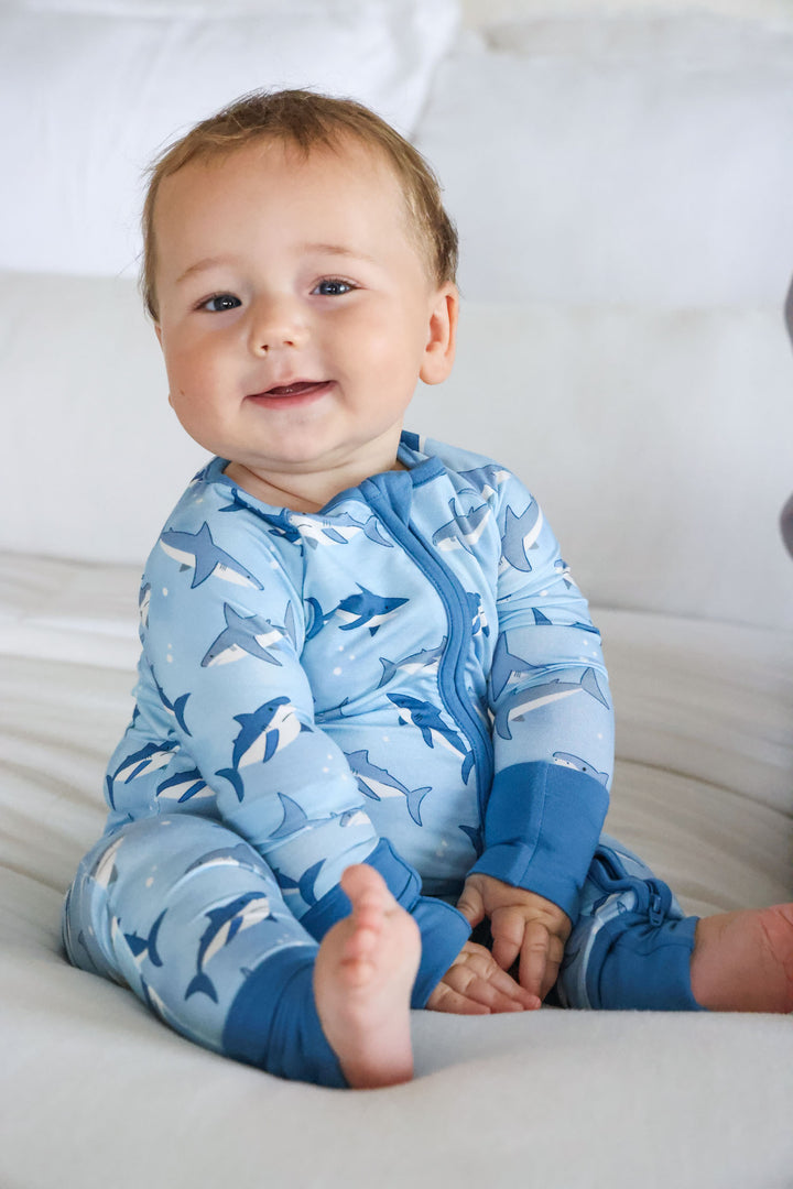 great white shark bamboo convertible zip romper for boys