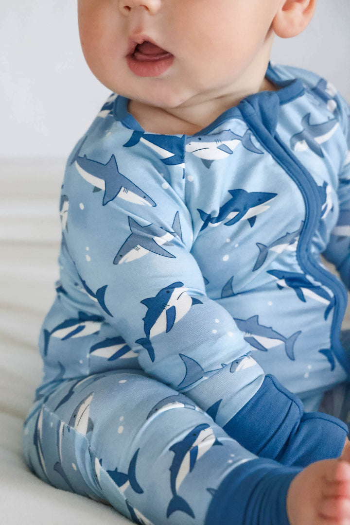 blue shark zip romper for baby boys