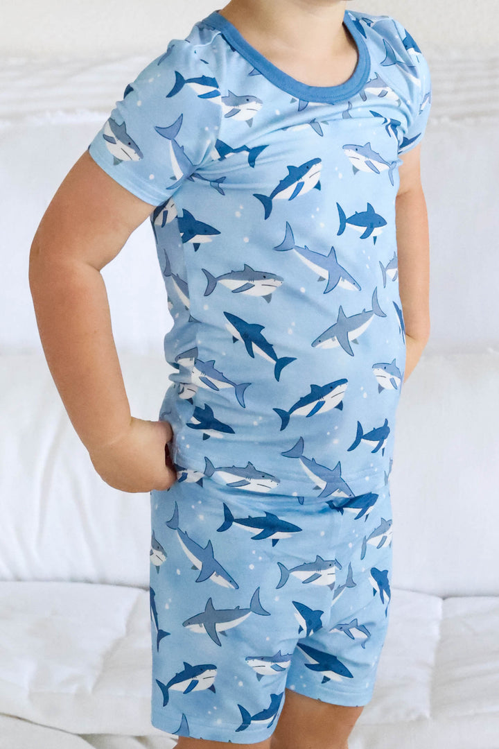 blue shark short sleeve and short pajama set
