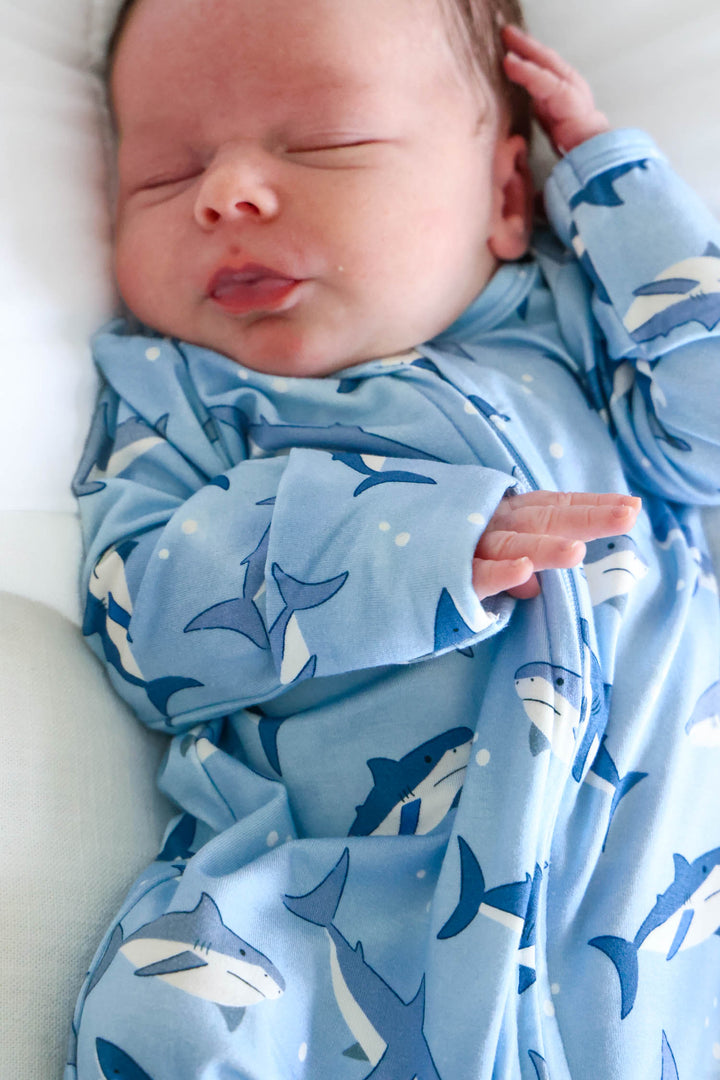 fin friends zipper footie for baby boys with flip mitts