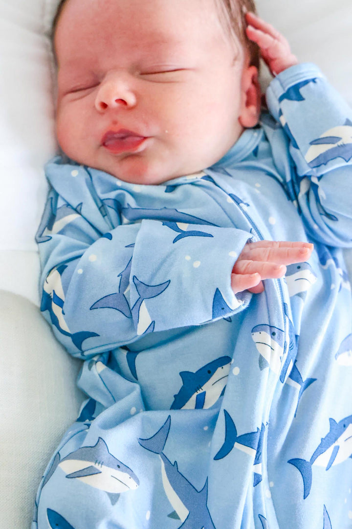 closeup of shark footie pajama for boys