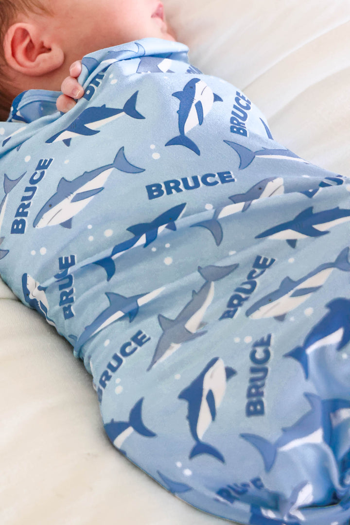 shark print personalized baby swaddle blanket