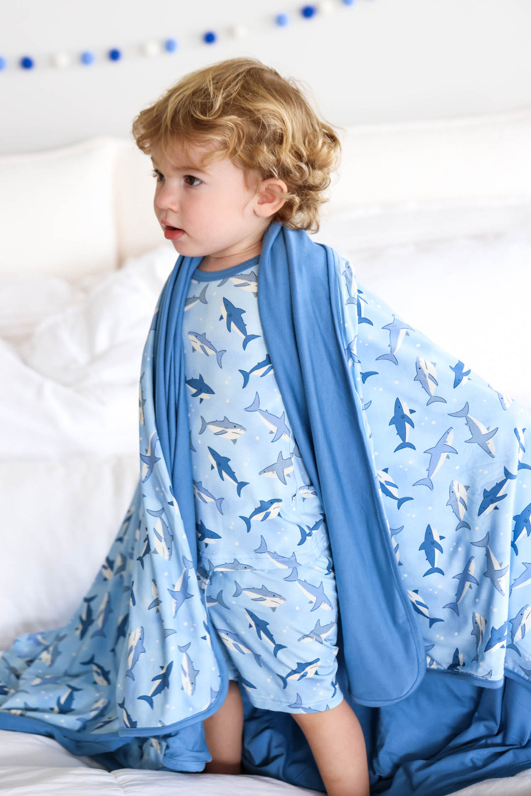 blue great white shark pajama with bamboo blanket 
