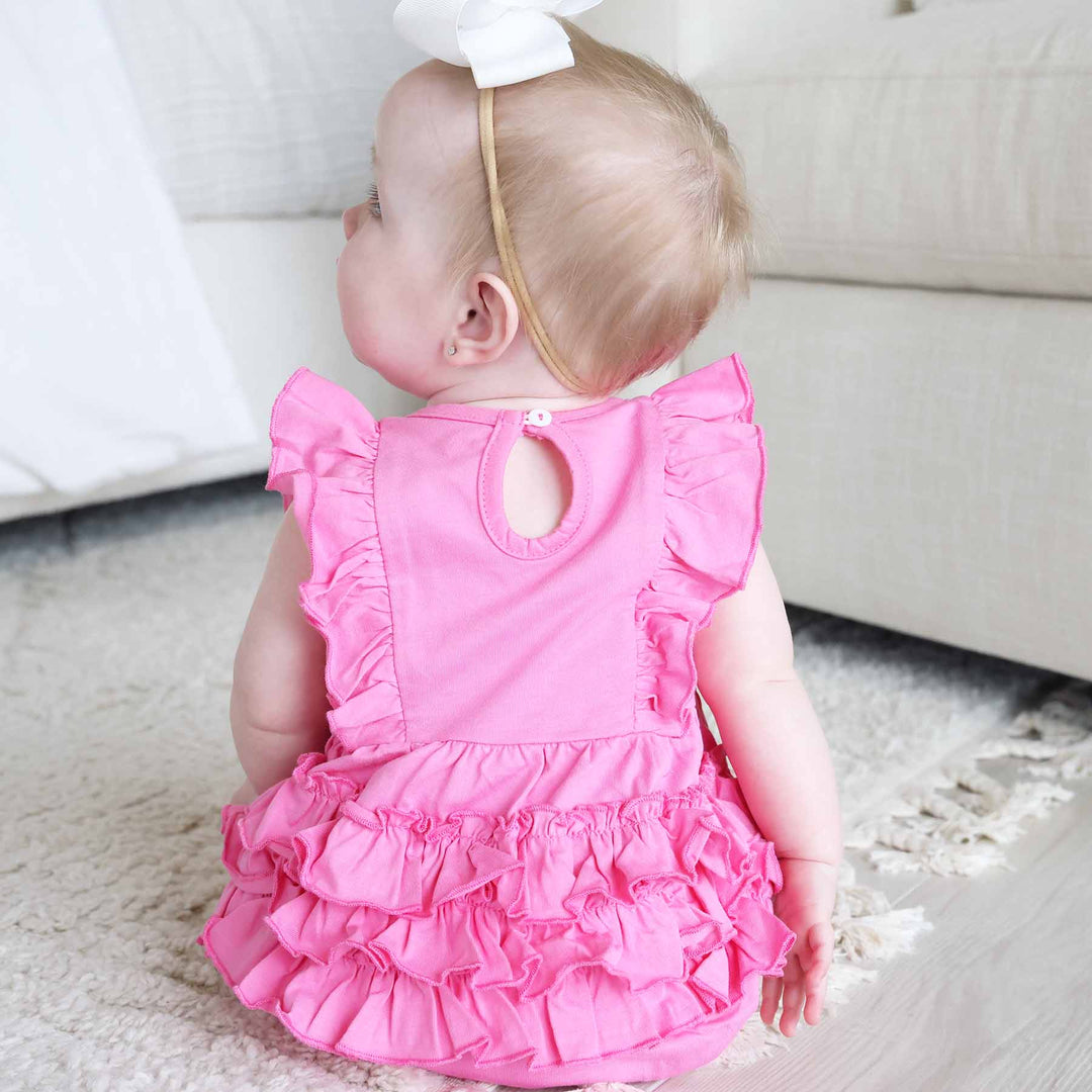 flamingo personalized ruffle bottom romper for babies 
