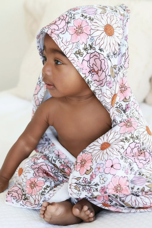 baby bath towel with hood purple floral 