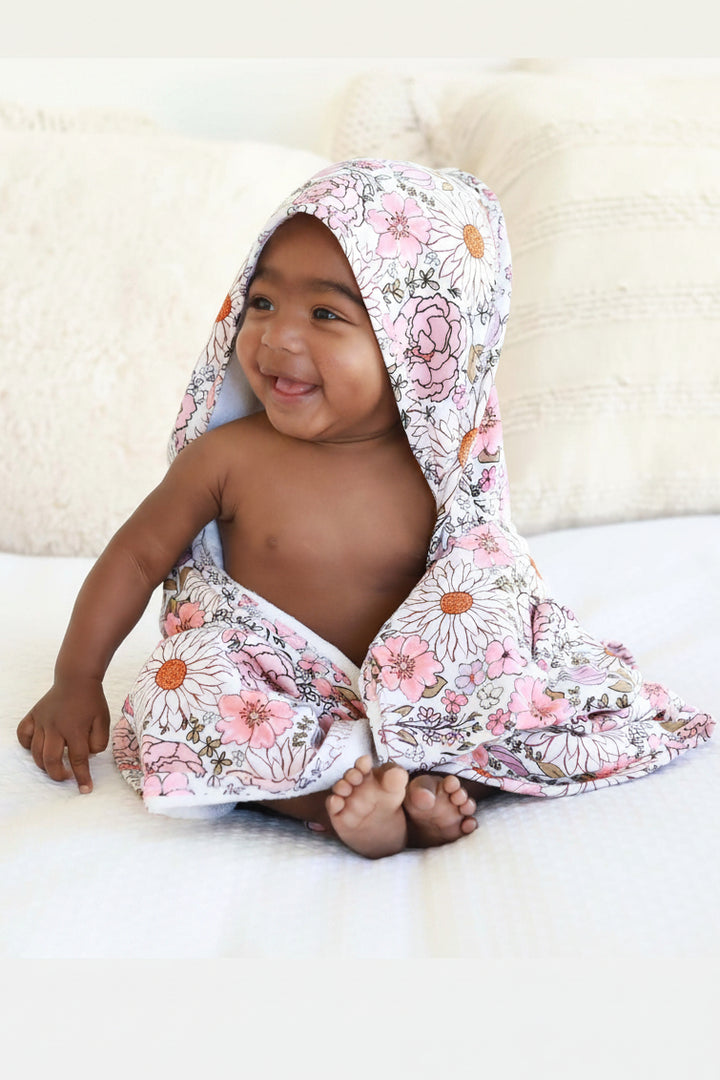 hooded towel for babies purple floral 
