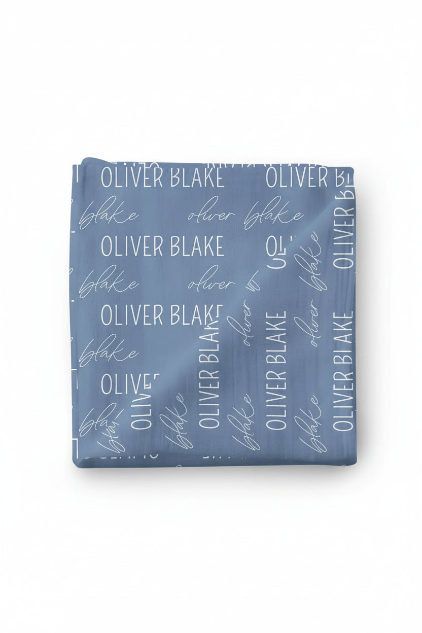 block and script steel blue personalized swaddle 