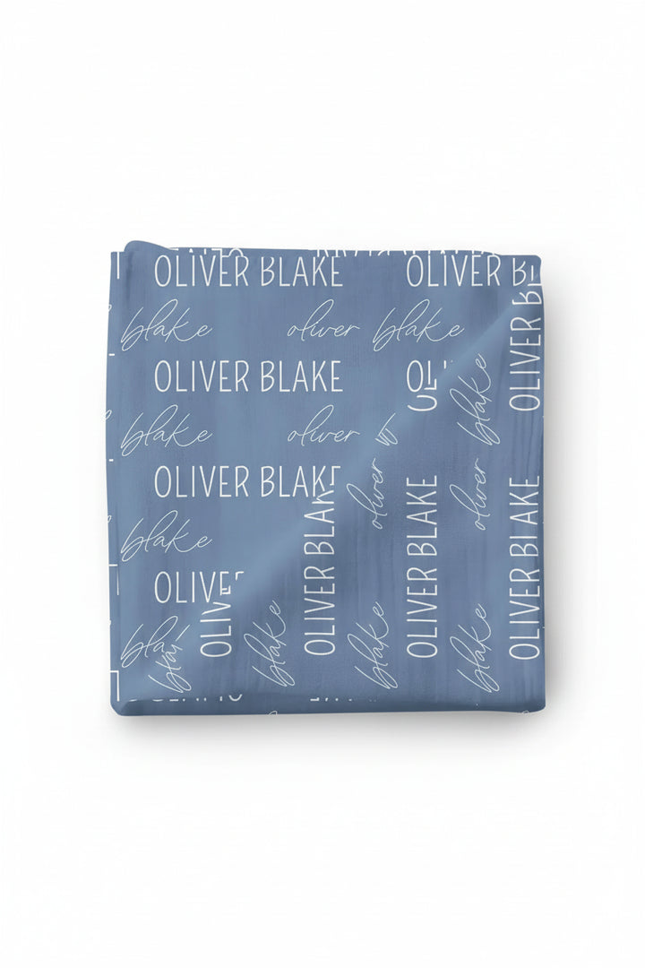 block and script steel blue personalized swaddle 