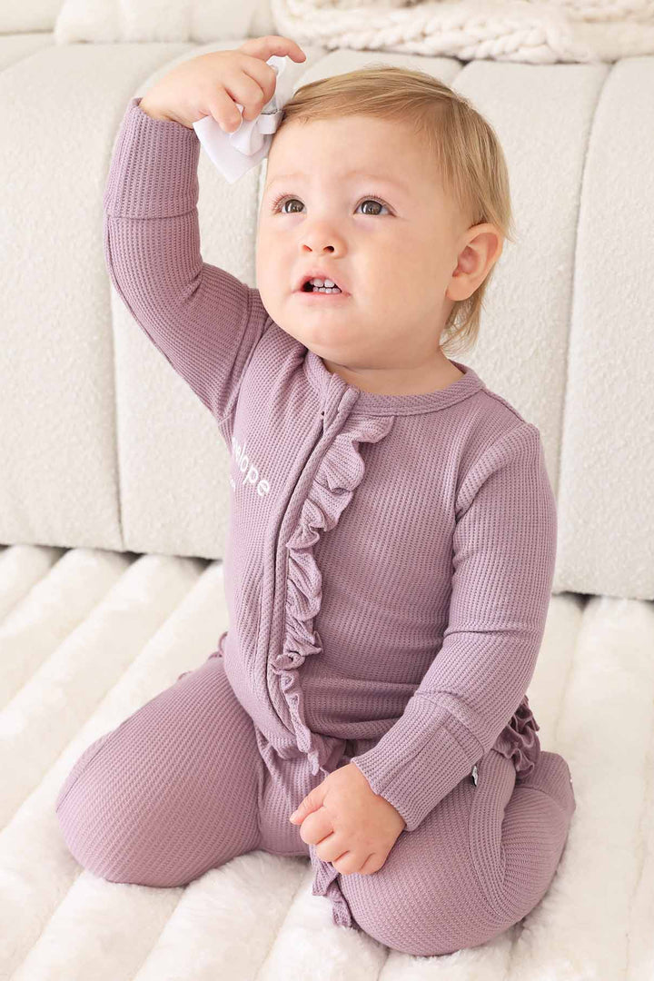 embroidered bamboo waffle zipper footie for girls purple 