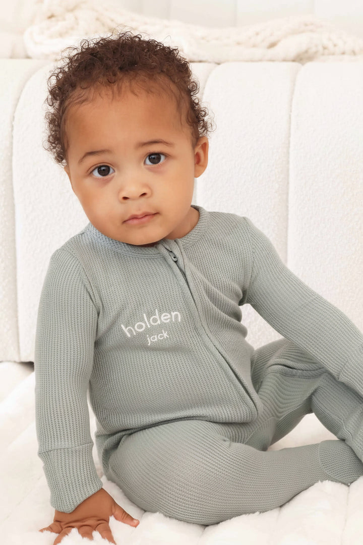 caden lane bamboo waffle seagrass embroidered zipper footie for babies 