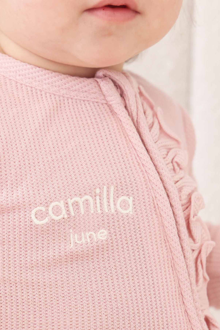 light pink bamboo waffle embroidered baby footie with ruffles 