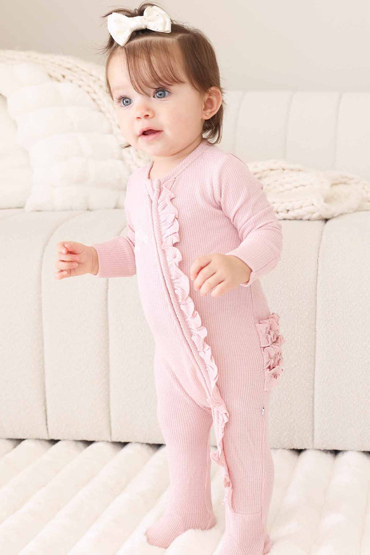 embroidered bamboo waffle zipper ruffle footie light pink lotus 