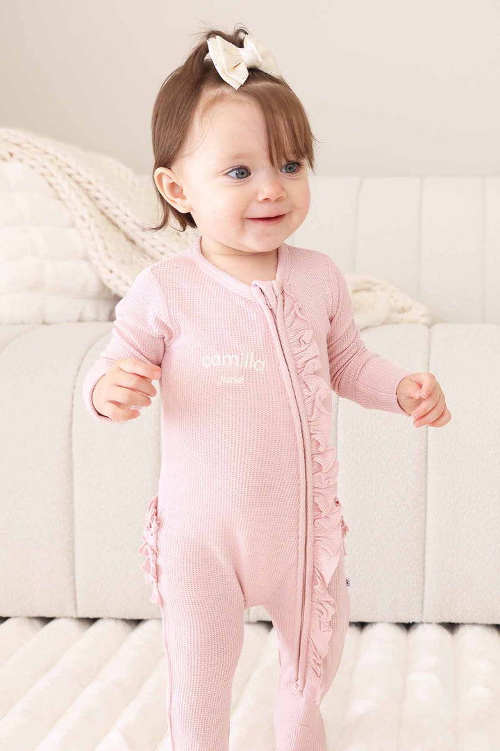 embroidered light pink bamboo waffle zipper footie for baby girls 
