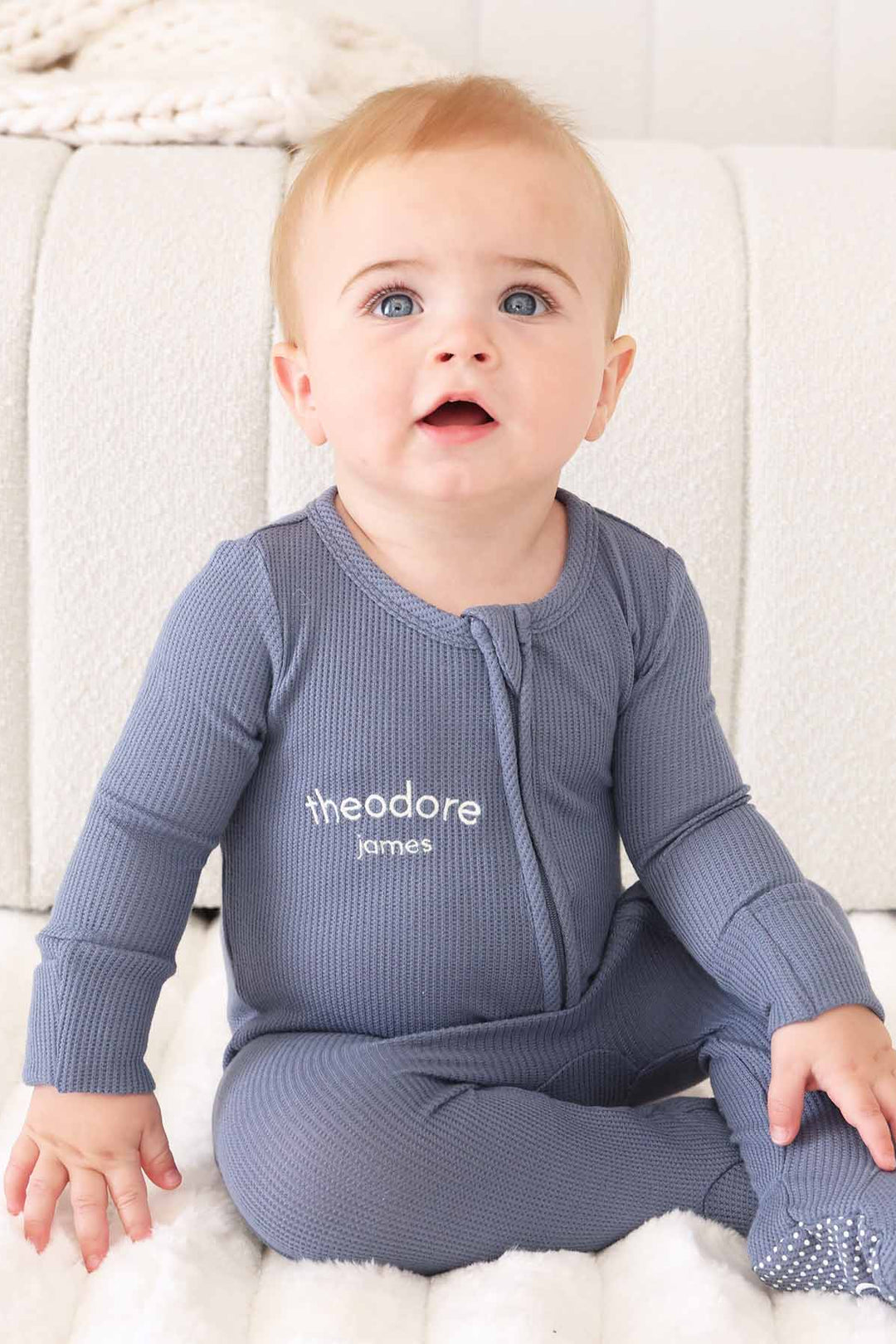 dark blue personalized zipper footie