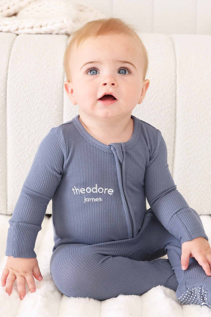 dark blue personalized zipper footie