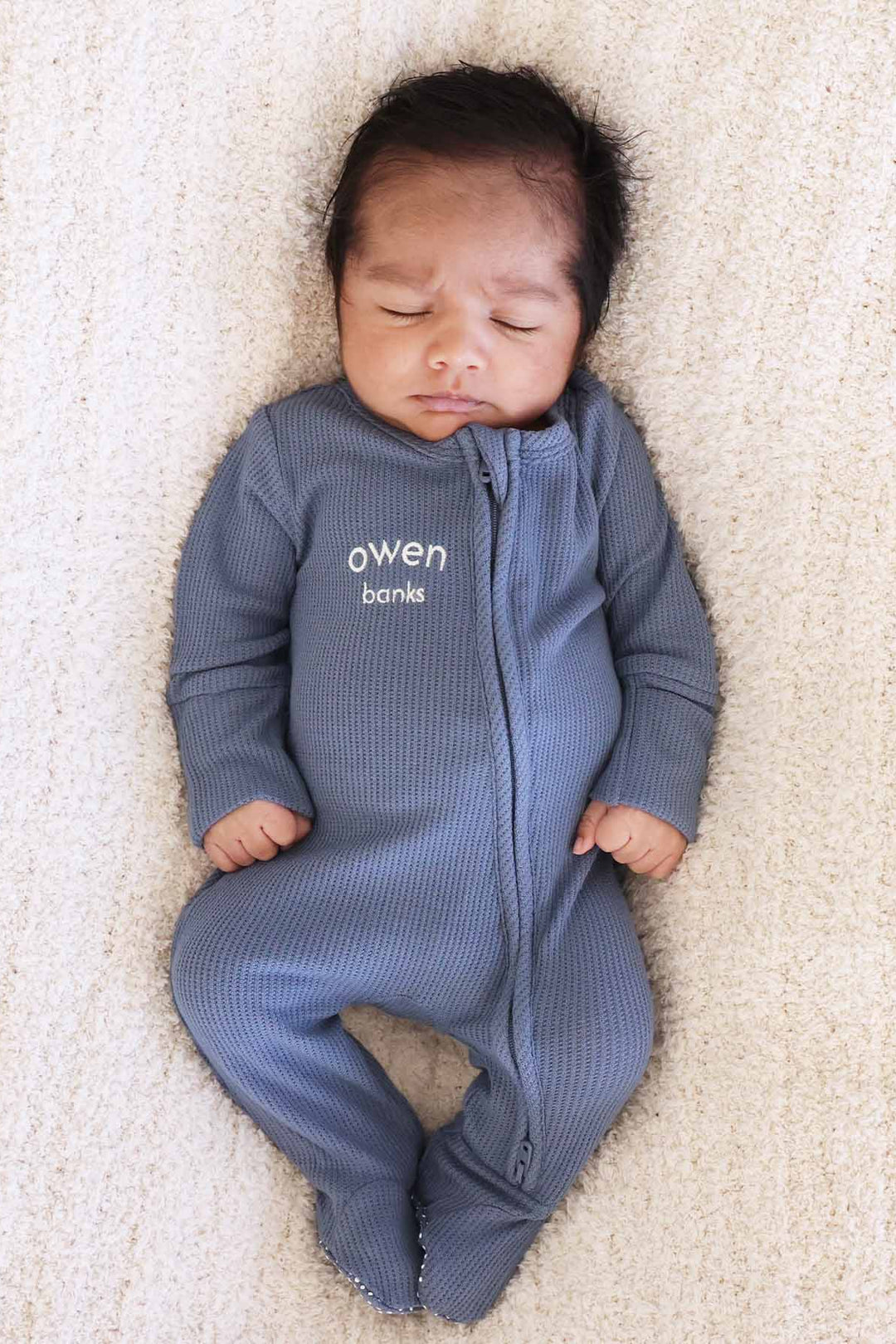 baby boy dark blue white thread embroidered name footie bamboo waffle