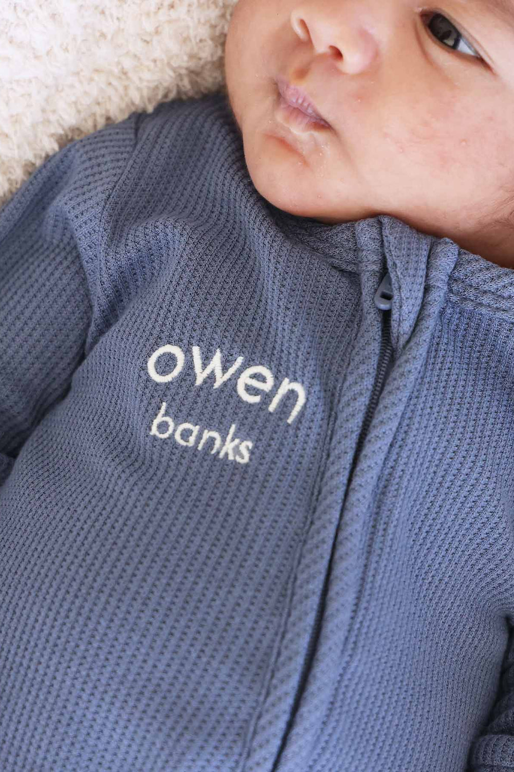 bamboo waffle zipper footie embroidered with name blue 