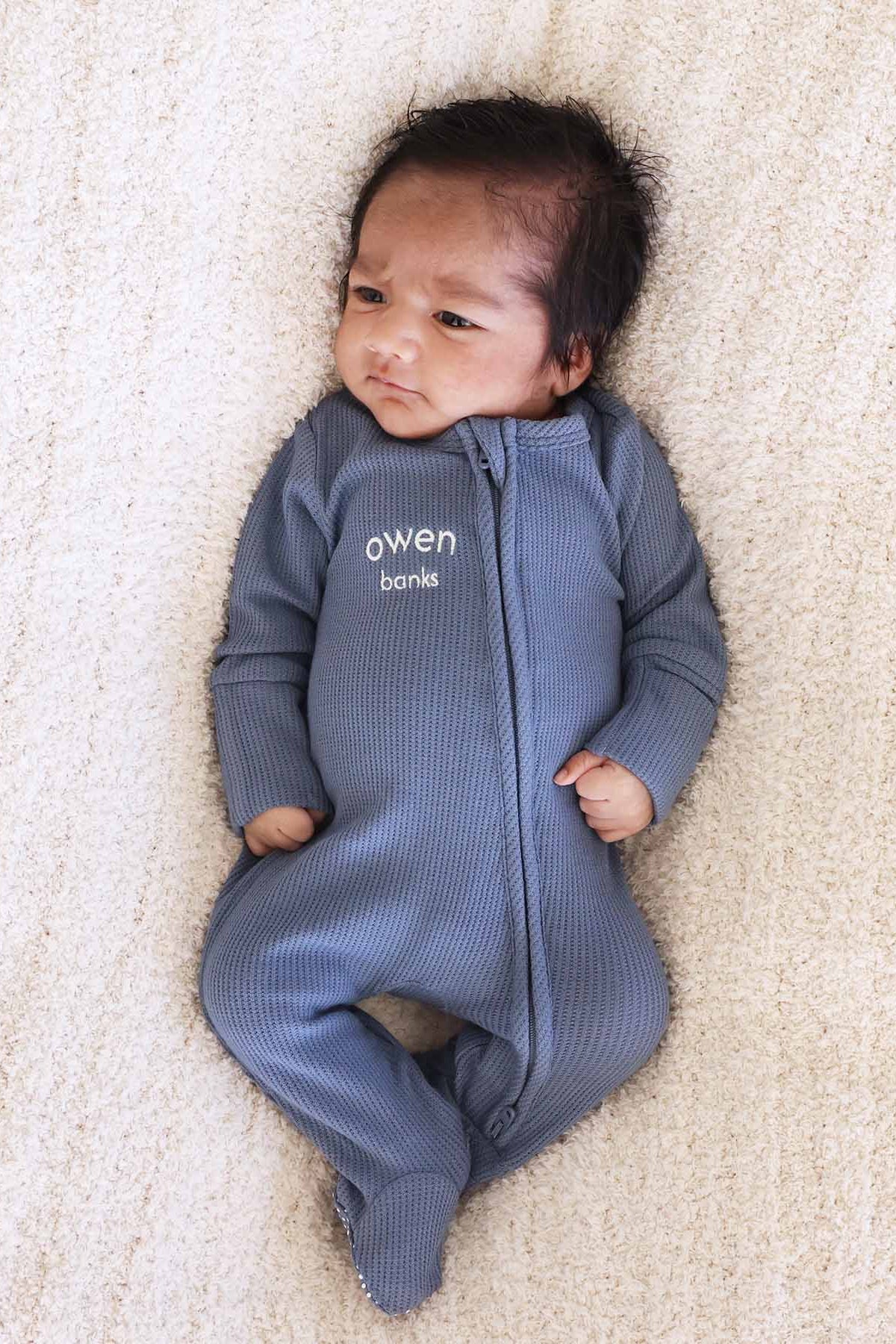 Embroidered Bamboo Waffle Zipper Footie | Lake