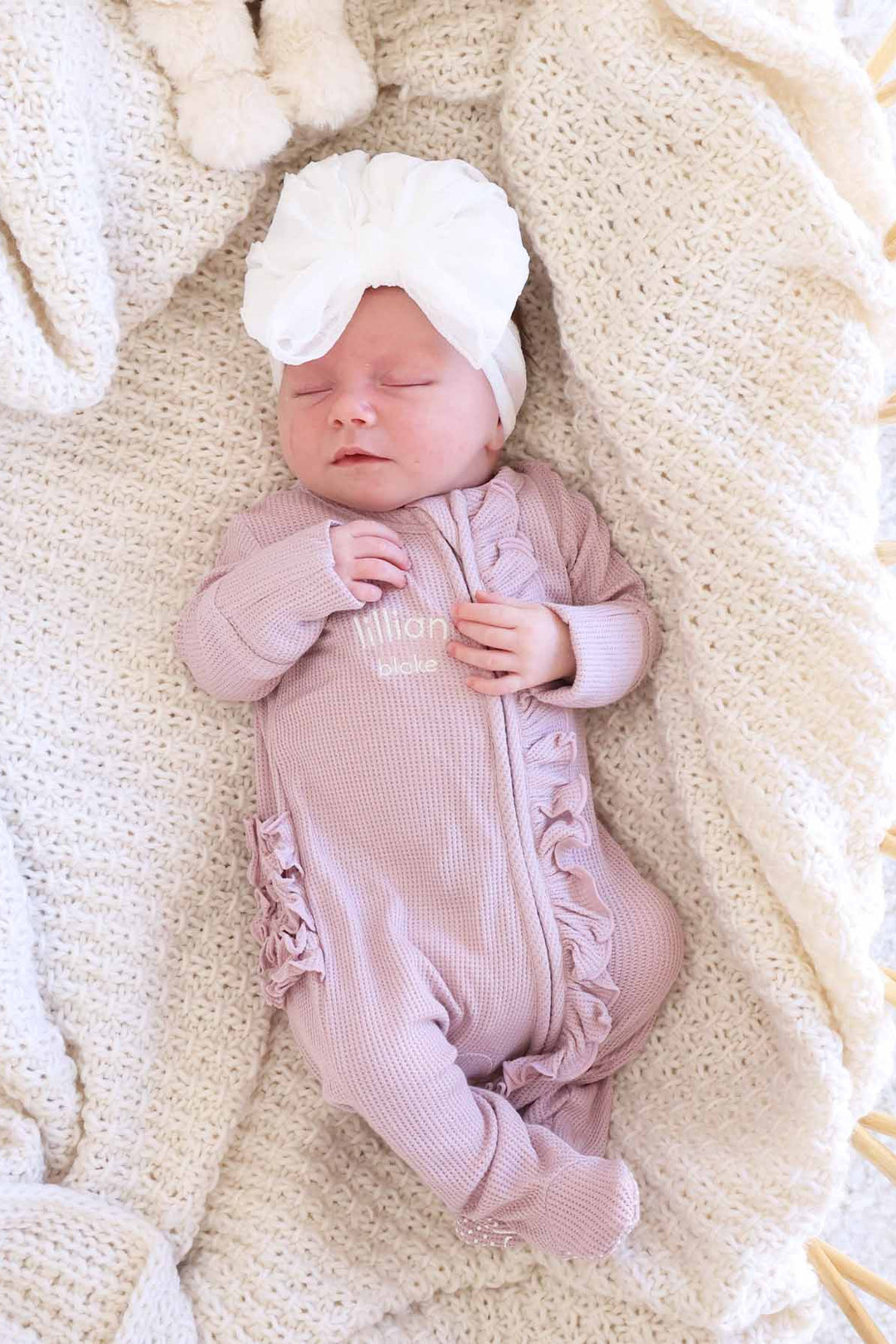 embroidered light purple bamboo waffle ruffle zipper footie for baby girls 