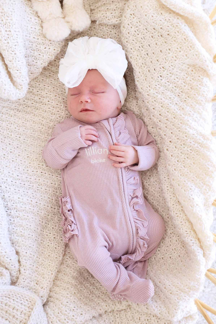 embroidered light purple bamboo waffle ruffle zipper footie for baby girls 