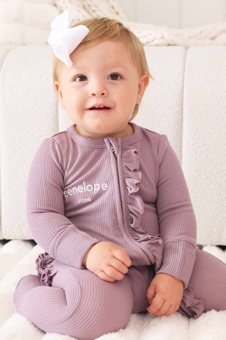 personalized amethyst bamboo waffle zipper ruffle footie 