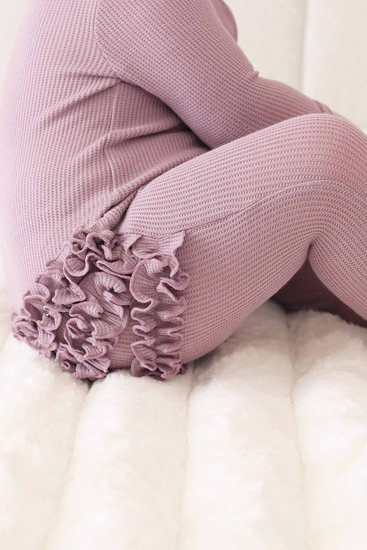 long sleeve ruffle bottom dusty purple ruffle zipper footie for girls 