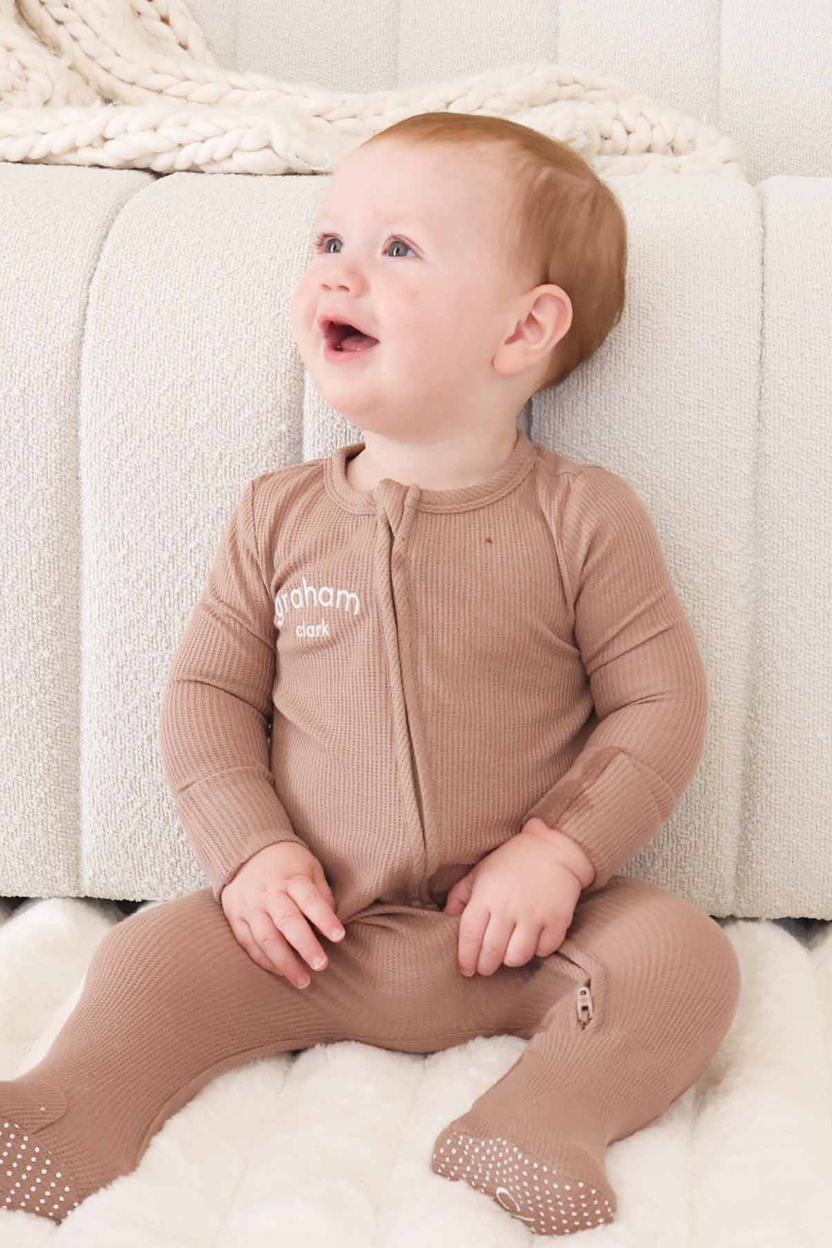 Embroidered Bamboo Waffle Zipper Footie | Cocoa