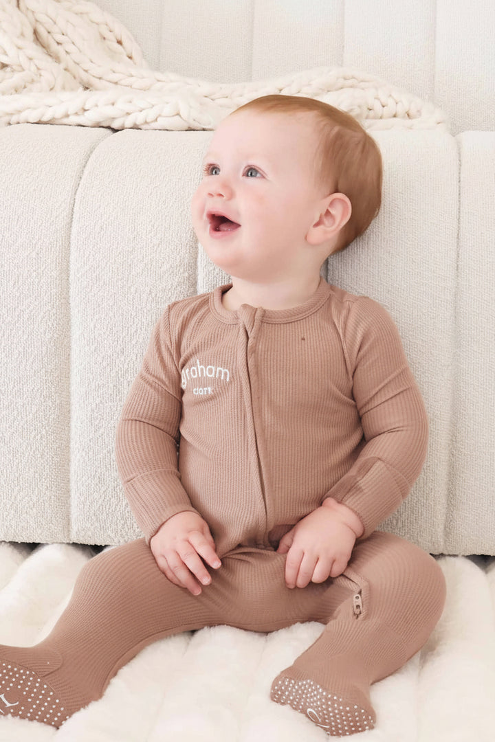 Embroidered Bamboo Waffle Zipper Footie | Mountain Haze