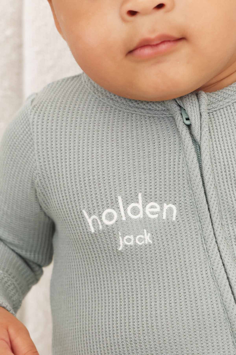 light green personalized bamboo waffle zipper footie for babies gender neutral 