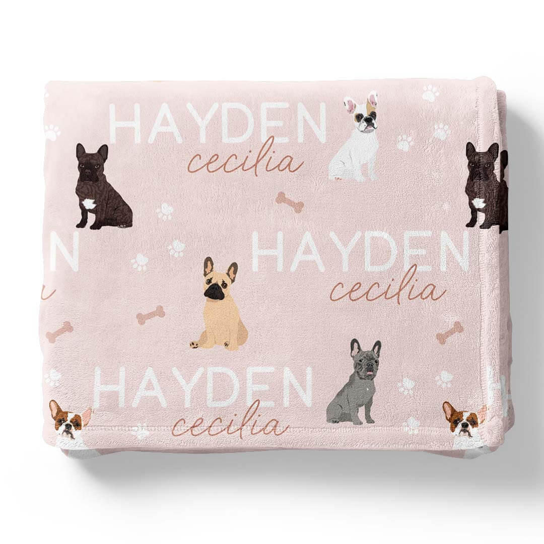 personalized kids blanket pink with french bulldogs