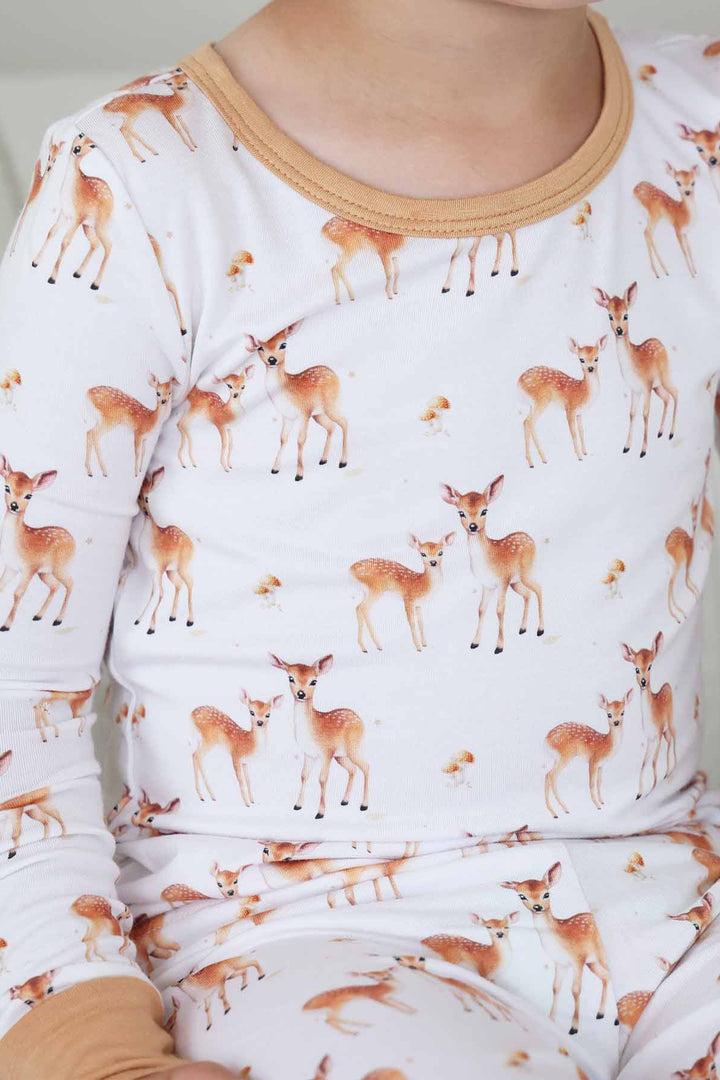 baby deer and mushroom long sleeve pajama set for kids 